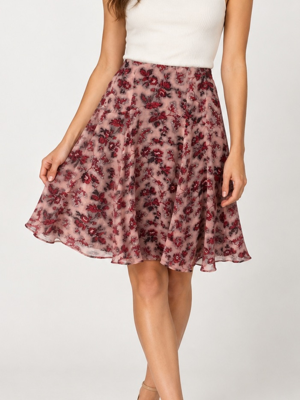 Anne Klein 100% Silk Burgundy Pink Chiffon Whimsy Floral Skirt Size 6